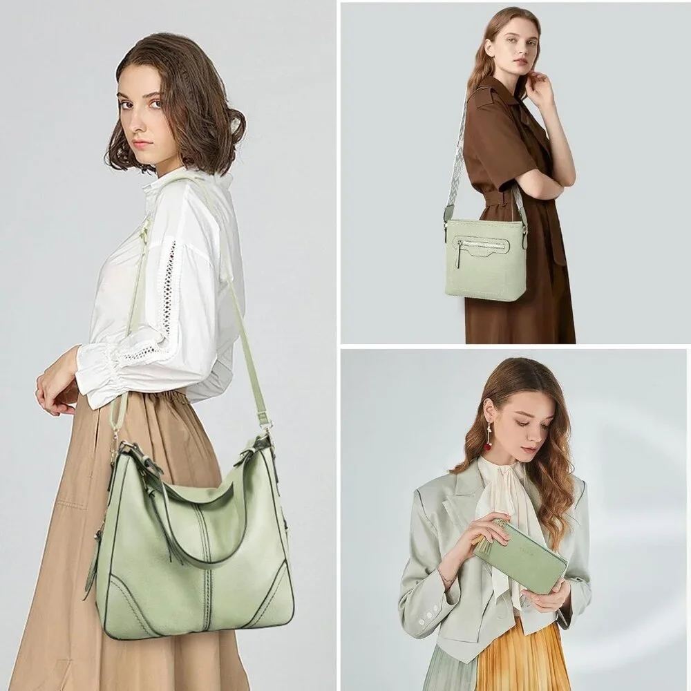 Women’s Light Green 3PCS PU Leather Purses Set  Crossbody Wallet & Hobo Tote Bag - Picture 2 of 8